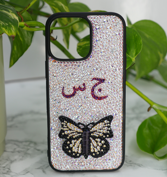 Moving Butterfly Phone Grip Design with your Arabic Initials (Design #423) - Crystal Iced