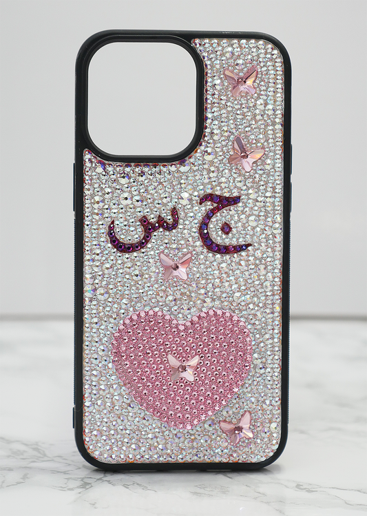 Pink Butterfly/Heart Phone Grip Design with your Arabic Initials (Design #428) - Crystal Iced